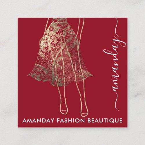 Fashion Gold Lace Dress Logo QRCode Shop Maroon Square Business Card