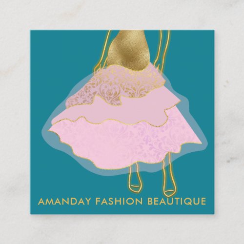 Fashion Gold Pink Dress Logo QR Stylist Teal Blue Square Business Card