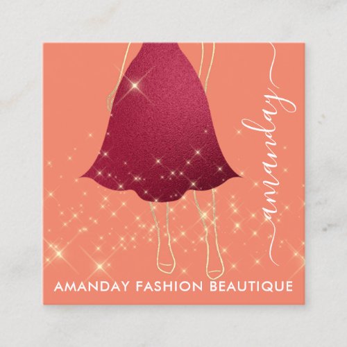 Fashion Gold Red Dress Logo QRCode Custom Coral Square Business Card