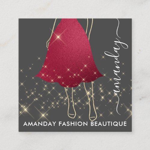 Fashion Gold Red Dress Logo QRCode Custom  Gray Square Business Card