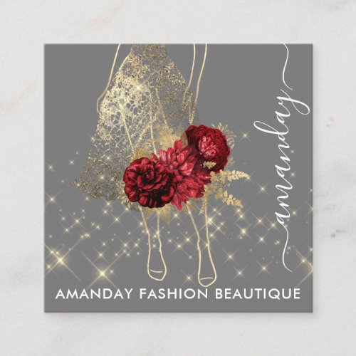 Fashion Gold Red Dress Logo QRCode Custom RoseGray Square Business Card