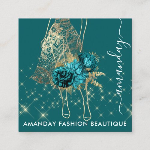 Fashion Gold Red Dress Logo QRCode Custom Teal  Square Business Card