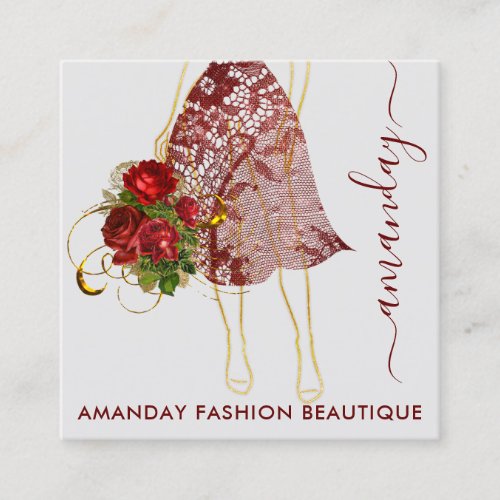 Fashion Gold Red Dress Logo QRCode Floral  Square Business Card