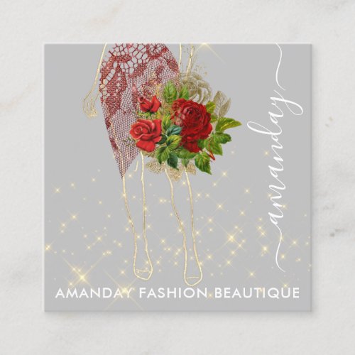 Fashion Gold Red Dress Logo QRCode Floral Square Business Card
