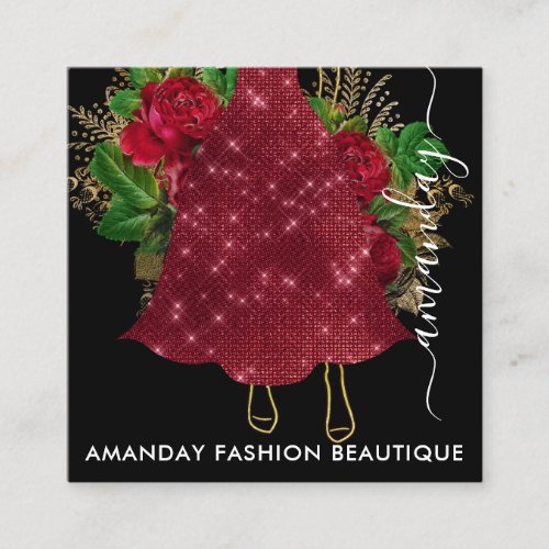 Fashion Gold Red Dress Logo QRCode Wreath Black Square Business Card