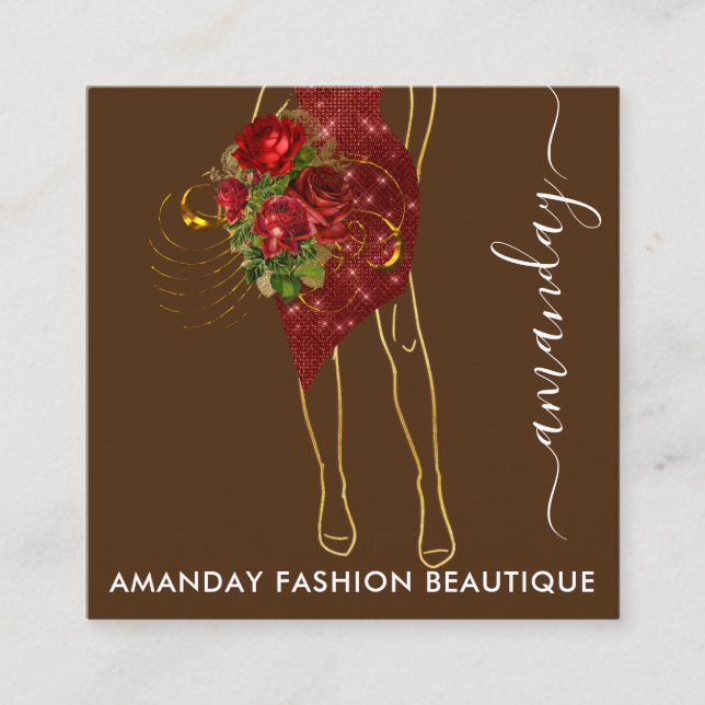 Fashion Gold Red Dress Logo QRCode Wreath Brown Square Business Card (Front)