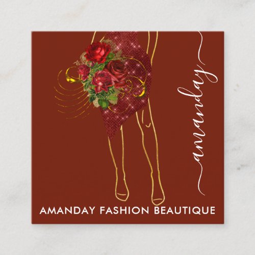 Fashion Gold Red Dress Logo QRCode Wreath Burgundy Square Business Card