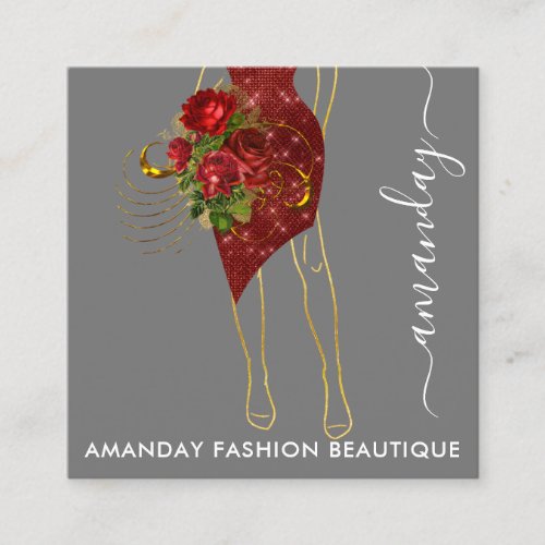 Fashion Gold Red Dress Logo QRCode Wreath Gray Square Business Card