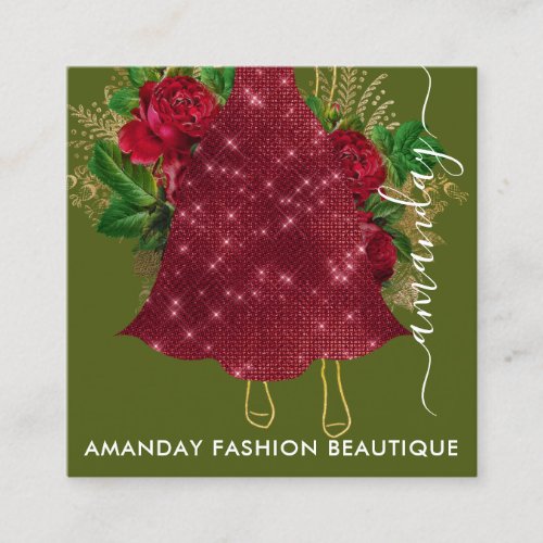 Fashion Gold Red Dress Logo QRCode Wreath Green Square Business Card
