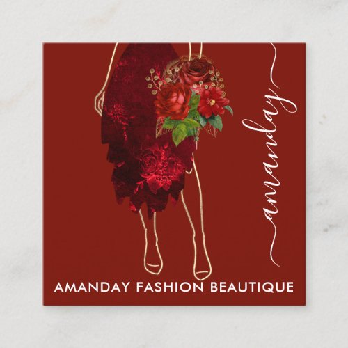 Fashion Gold Red Dress Logo QRCode Wreath Maroon Square Business Card