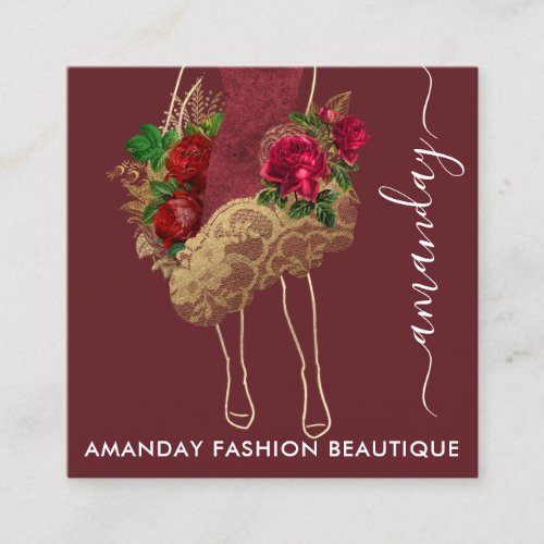Fashion Gold Red Dress Logo QRCode Wreath Marsala Square Business Card