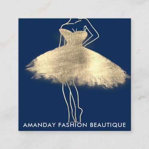 Fashion Golden Dress Logo QR Stylist Shop Blue  Square Business Card