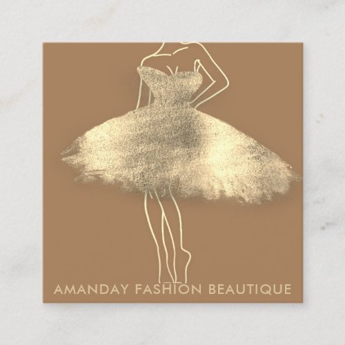 Fashion Golden Dress Logo QR Stylist Shop Brown Square Business Card