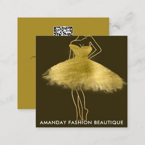 Fashion Golden Dress Logo QR Stylist Shop Designer Square Business Card