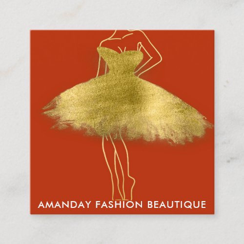 Fashion Golden Dress Logo QR Stylist Shop Red Square Business Card