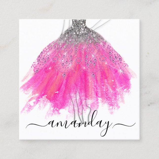 Fashion Gray Glitter Dress Logo QR Stylist Pink Square Business Card (Front)
