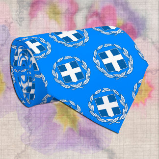Fashion Greece Emblem Tie, Blue Greek Flag Neck Tie