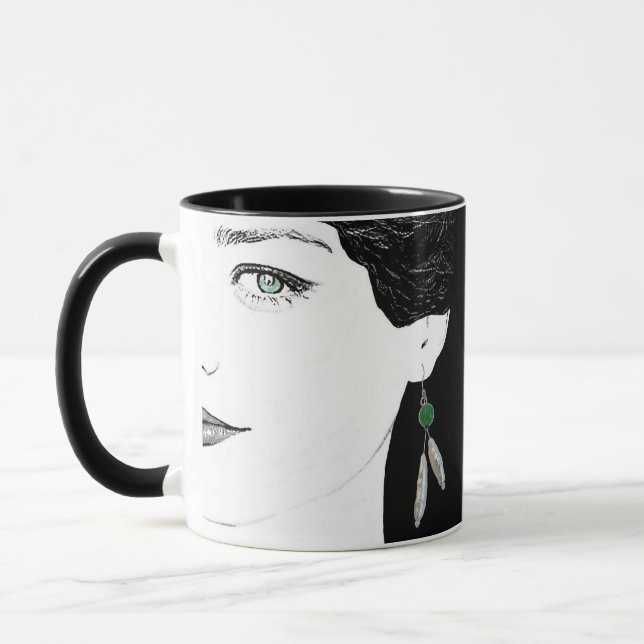 Fashion illustration floral goth girl face green f mug (Left)
