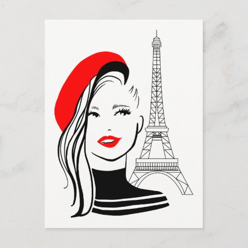 Fashion illustration french woman in red beret postcard