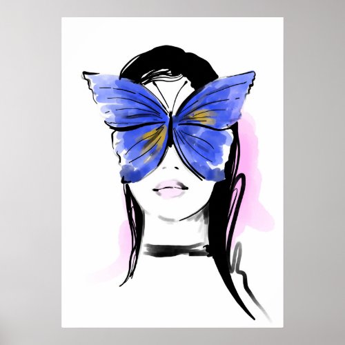 Fashion illustration glam woman with butterfly poster