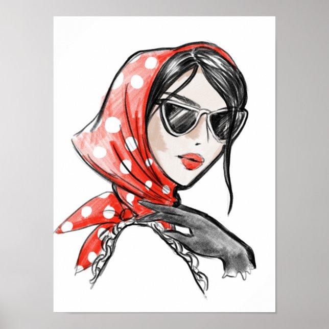 Fashion illustration woman in red shawl poster (Front)