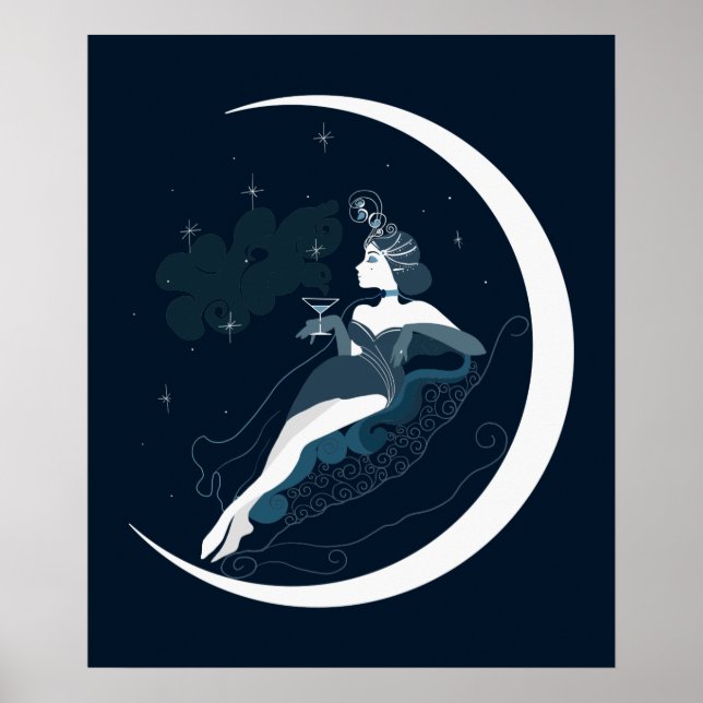 Fashion illustrationart deco woman with moon poster (Front)