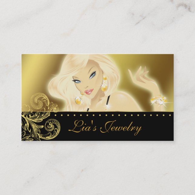 Fashion Jewelry Pretty Blonde Woman Gold Business Card (Front)