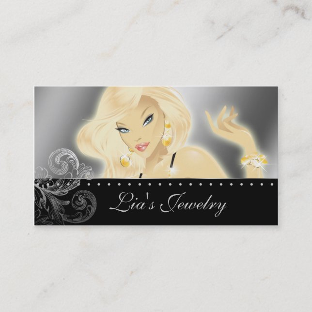 Fashion Jewelry Pretty Blonde Woman Silver Business Card (Front)