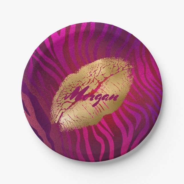 Fashion Lips Fuchsia Animal Print Paper Plates (Front)
