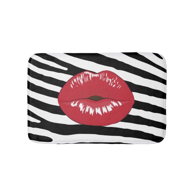 Fashion lips zebra glamour girly black and white bathroom mat (Front)