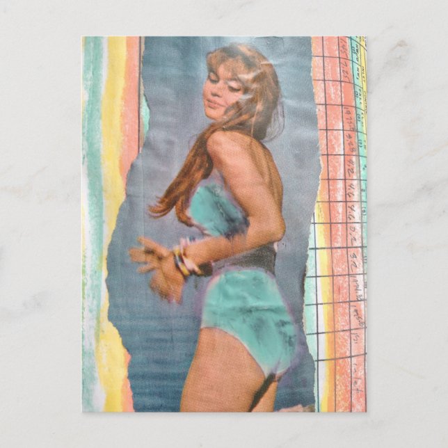 Fashion model Woman in 1957 on the beach collage Postcard (Front)