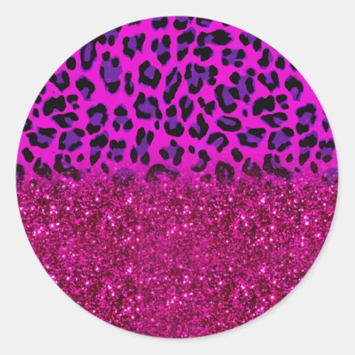 Fashion Modern Pink Purple Glitter Leopard Classic Round Sticker