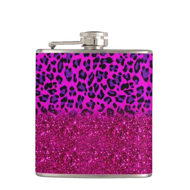 Fashion Modern Pink Purple Glitter Leopard Flask (Front)