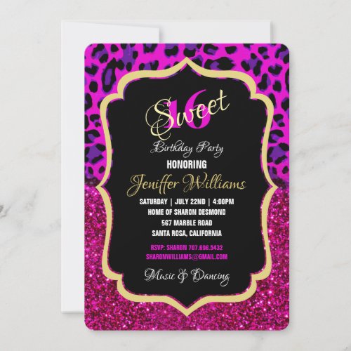 Fashion Modern Pink Purple Glitter Leopard        Invitation