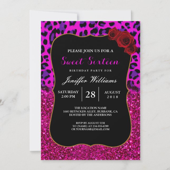 Fashion Modern Pink Purple Glitter Leopard.        Invitation (Front)