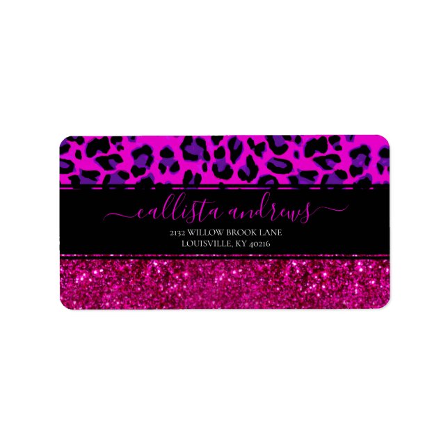 Fashion Modern Pink Purple Glitter Leopard.        Label (Front)