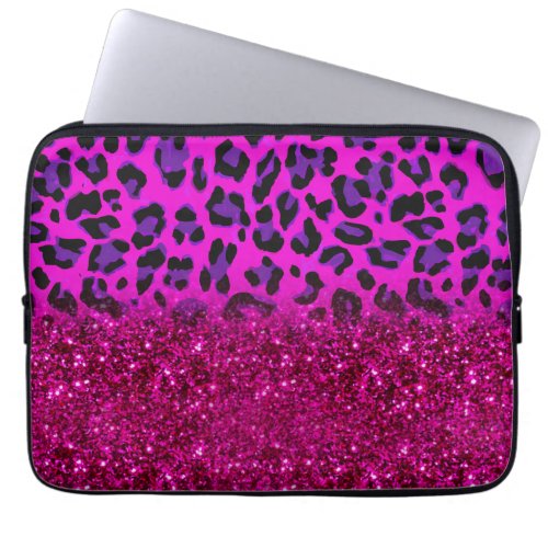 Fashion Modern Pink Purple Glitter Leopard Laptop Sleeve