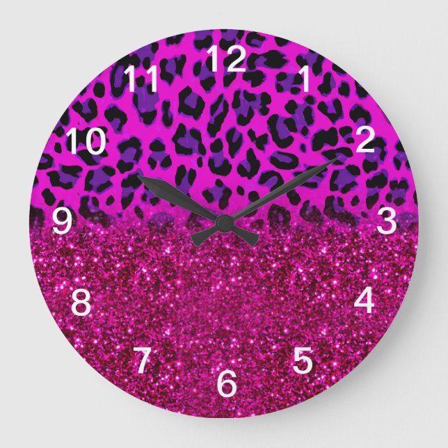 Fashion Modern Pink Purple Glitter Leopard Large Clock (Front)