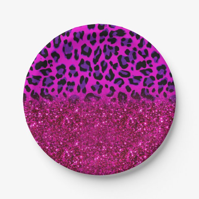 Fashion Modern Pink Purple Glitter Leopard Paper Plates (Front)