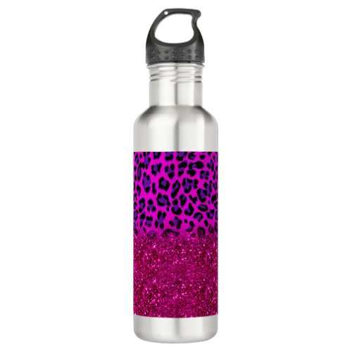 Fashion Modern Pink Purple Glitter Leopard Stainless Steel Water Bottle