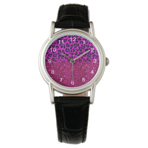 Fashion Modern Pink Purple Glitter Leopard Watch
