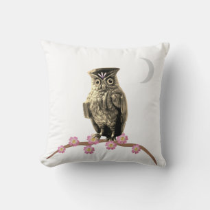 Fashion Owl and Crescent Moon Throw Pillow