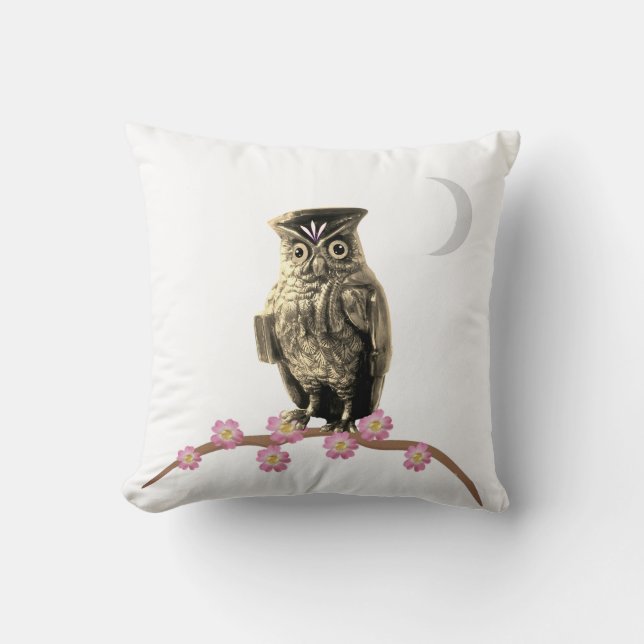 Fashion Owl and Crescent Moon Throw Pillow (Front)