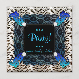 Fashion Party Zebra Lace Invite Blue Square