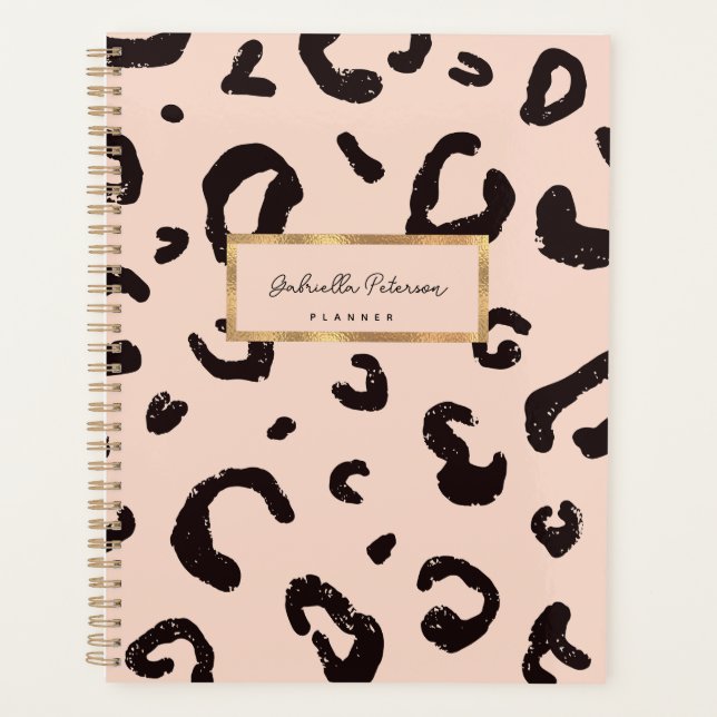 Fashion Pink Leopard Pattern & Script Name Planner (Front)