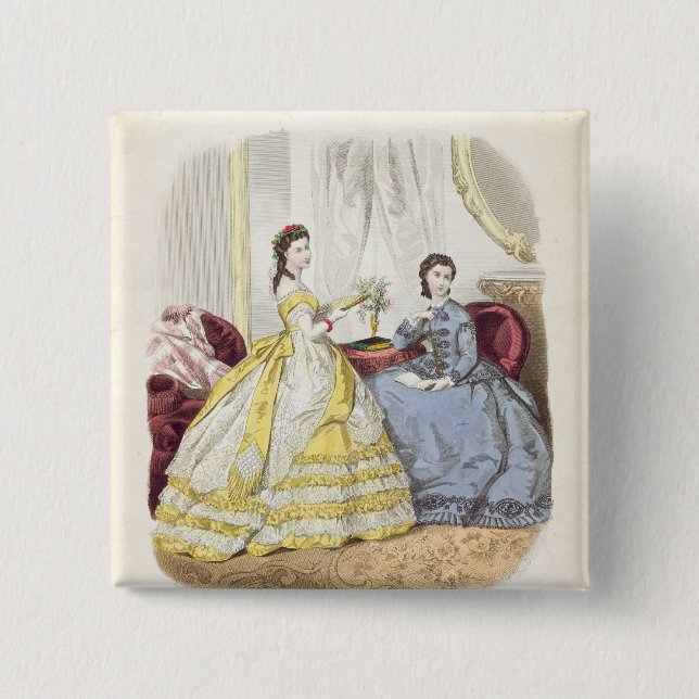 Fashion plate showing ballgowns pinback button (Front)