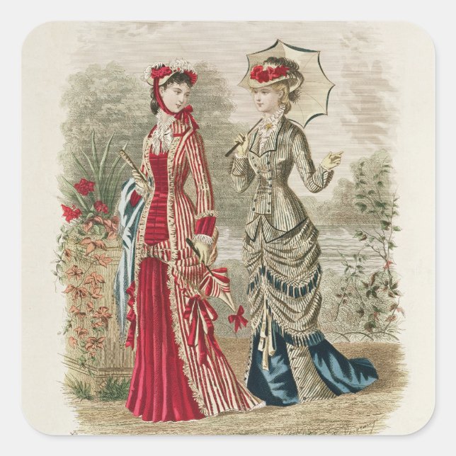 Fashion plate showing hats and dresses square sticker (Front)
