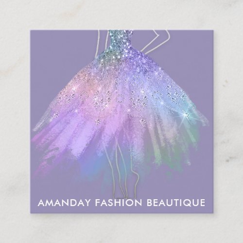 Fashion Purle Glitter Dress Logo QR Stylist  Square Business Card