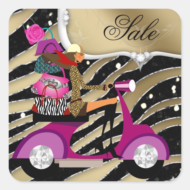 Fashion Purse Jewelry Zebra Scooter Girl Black Square Sticker (Front)