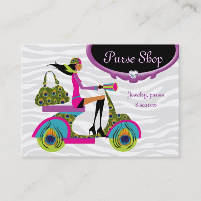 Fashion Purses Jewelry Scooter Peacock Zebra Business Card (Front)